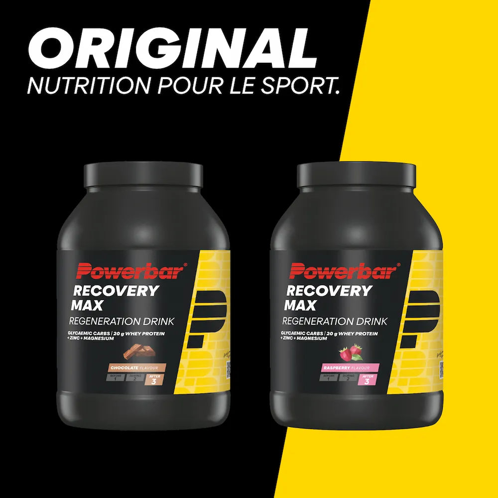Powerbar Recovery Max en deux saveurs chocolat et framboise