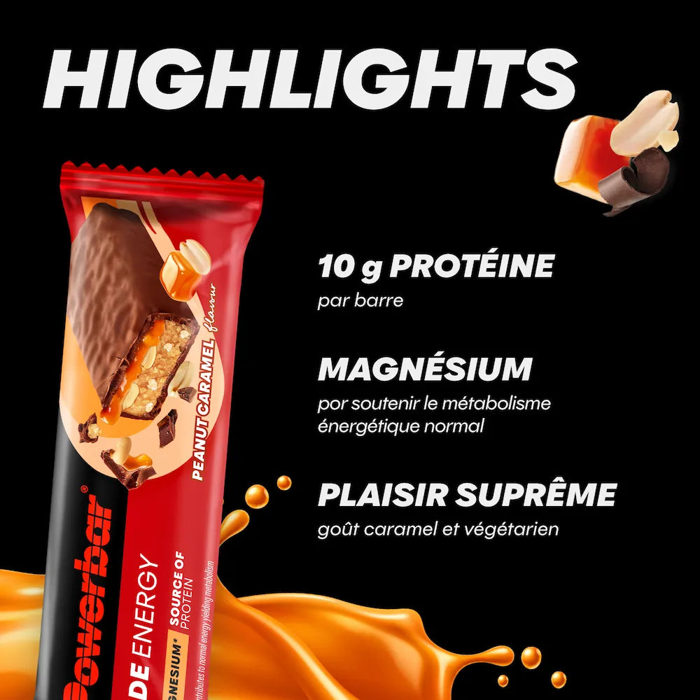 Barre Powerbar Ride Energy Cacahuètes-caramel avec 10 g de protéines, magnésium, caramel et cacahuètes