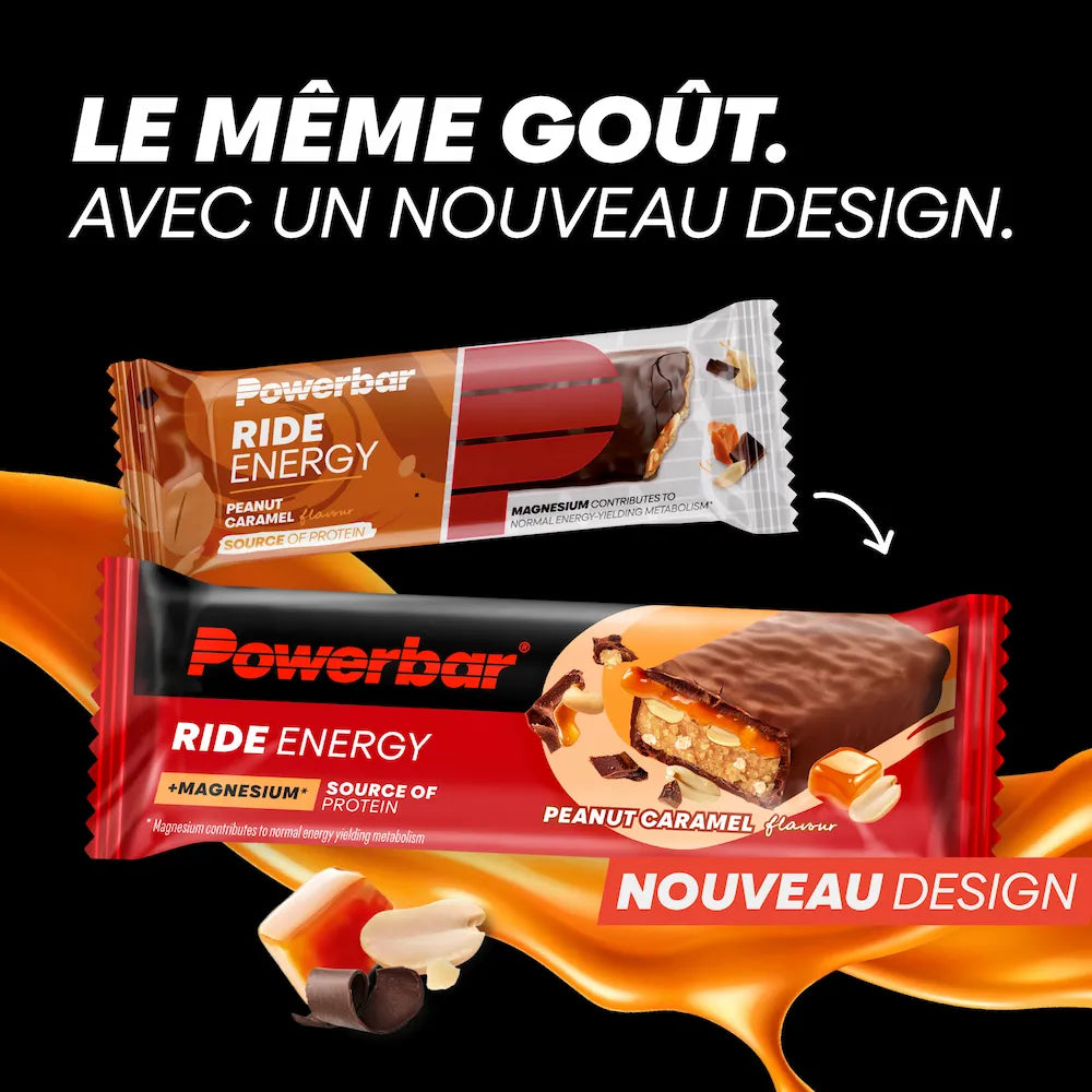 Ancien et nouveau packaging de la barre Powerbar Ride Energy Cacahuètes-caramel 55 g