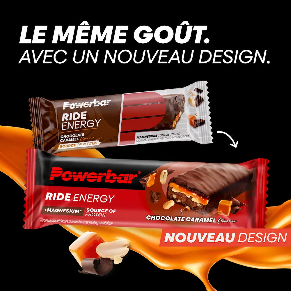 Ancien et nouveau packaging de la barre Powerbar Ride Energy Chocolat-caramel 55 g