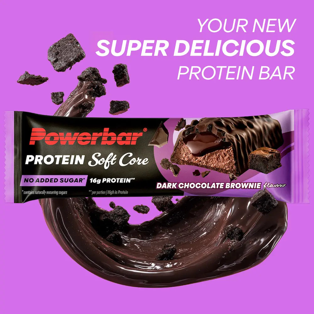 Barre protéinée Powerbar Soft Core Chocolat Noir Brownie avec chocolat fondu et morceaux de brownie