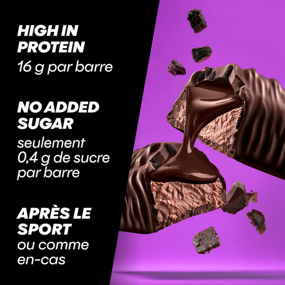Barre Powerbar Soft Core Chocolat Noir Brownie coupée avec cœur fondant, 16 g de protéines et sans sucres ajoutés