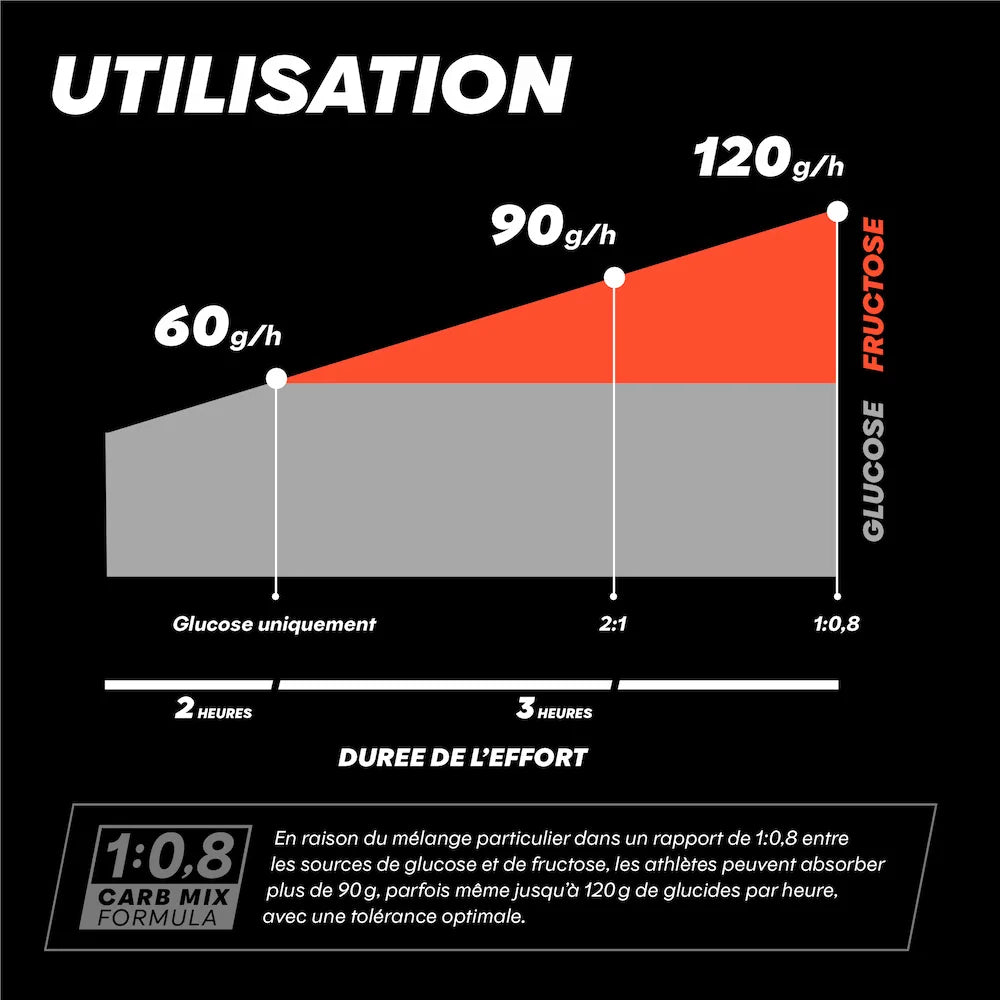 Schéma du ratio glucose fructose 1:0,8 de Powerbar Iso Fuel 30 pour les efforts d'endurance