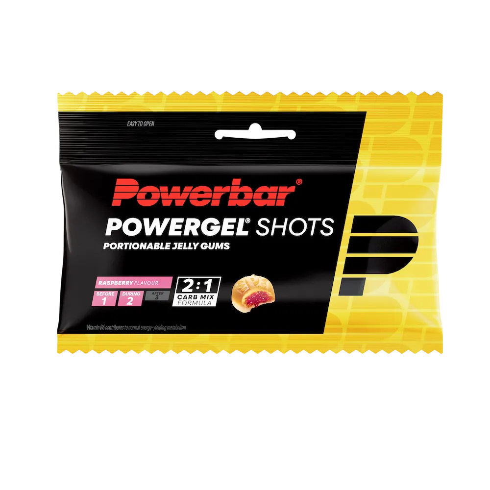 Sachet Powerbar PowerGel Shots Framboise 60 g avec 9 gommes énergétiques fourrées au cœur liquide