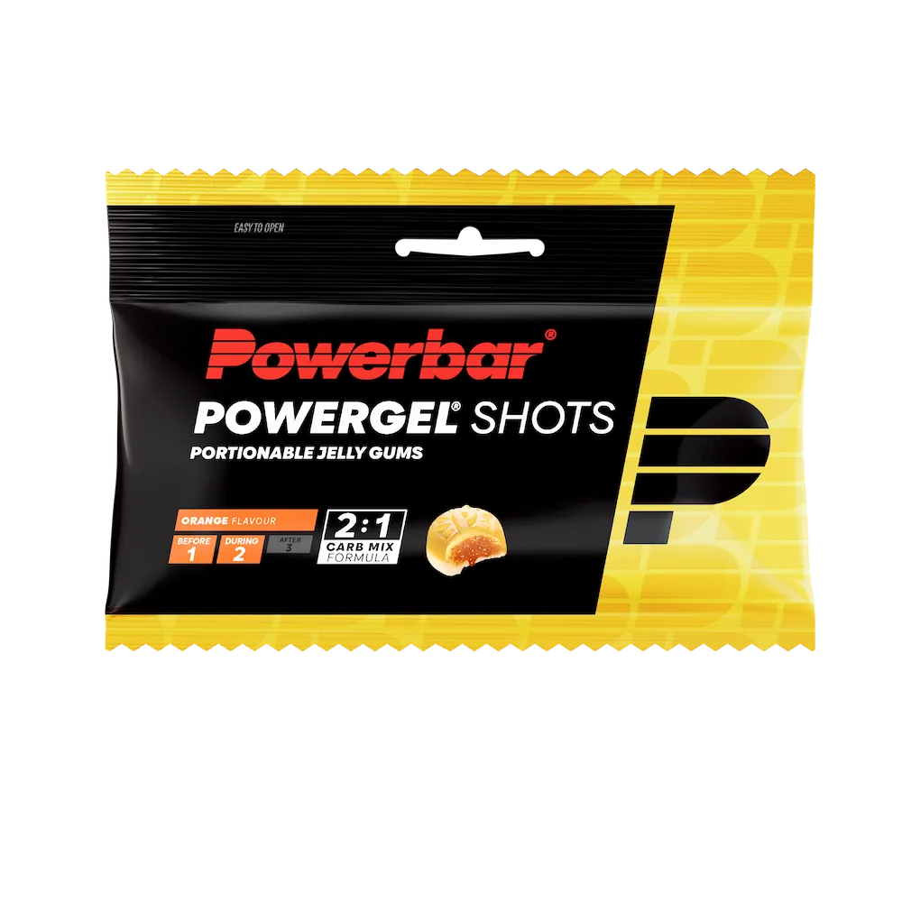Sachet Powerbar PowerGel Shots Orange 60 g avec 9 gommes énergétiques fourrées au cœur liquide