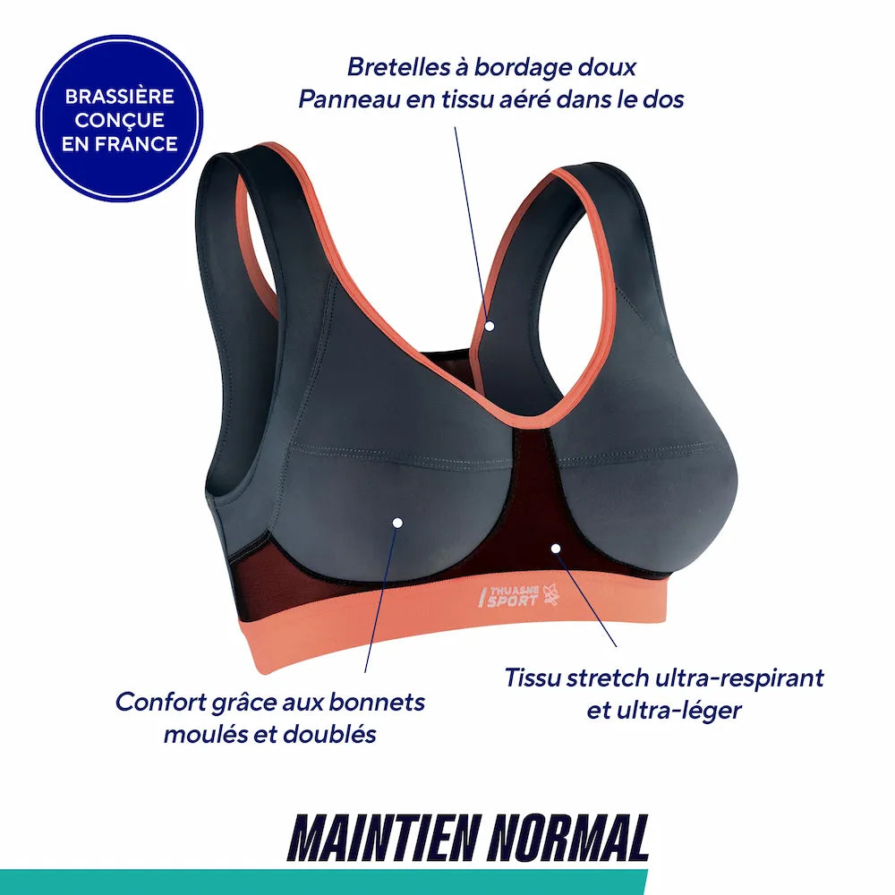 Caractéristiques de la brassière Activ Sport Bra Thuasne Sport à maintien normal avec bonnets moulés et tissu respirant