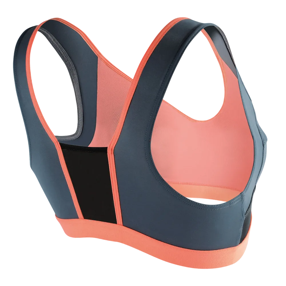 Vue arrière de la brassière Activ Sport Bra Thuasne Sport gris et corail avec panneau central en mesh