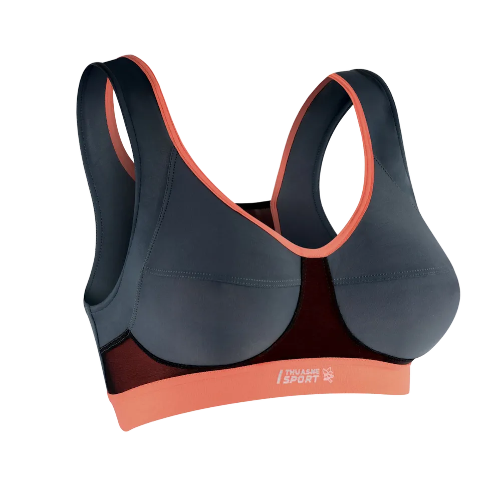 Brassière Activ Sport Bra Thuasne Sport gris et corail vue de face avec bande élastique sous poitrine