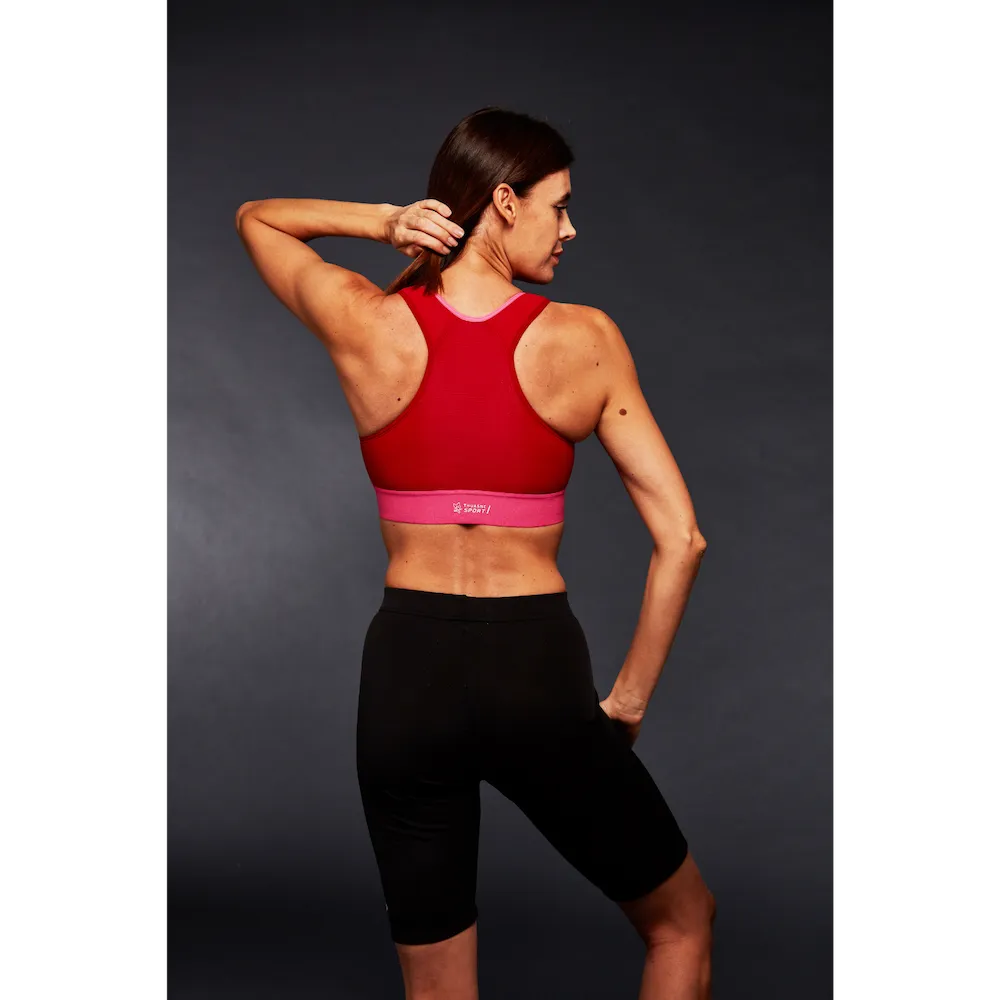 Brassière Eaz'ip EVO Thuasne Sport rouge portée vue trois-quarts arrière