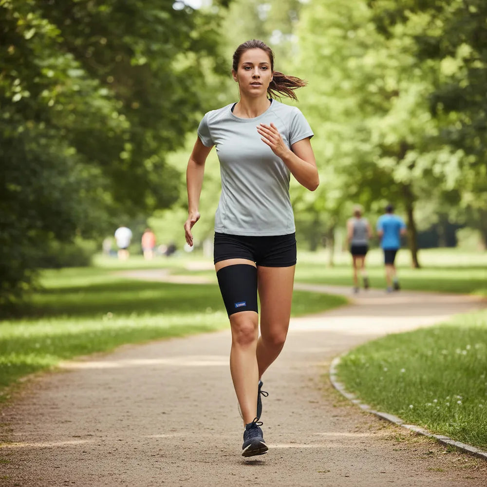 Cuissard néoprène compressif Thuasne Sport noir porté par une femme pendant la course