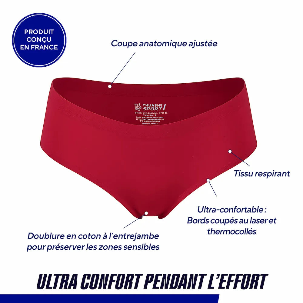 Caractéristiques techniques de la culotte ThermoSeam Thuasne Sport rouge