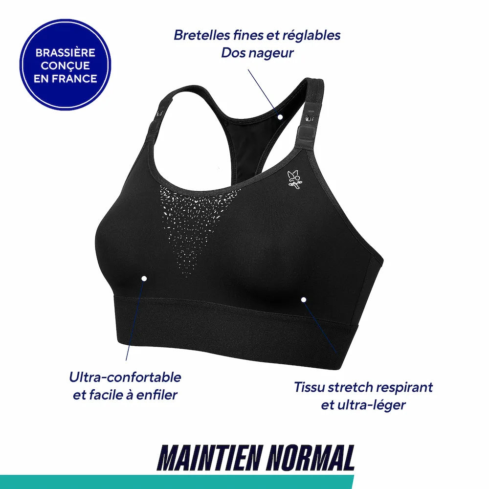 Caractéristiques de la brassière Feel Bra Thuasne Sport noire à maintien normal avec bretelles réglables et dos nageur