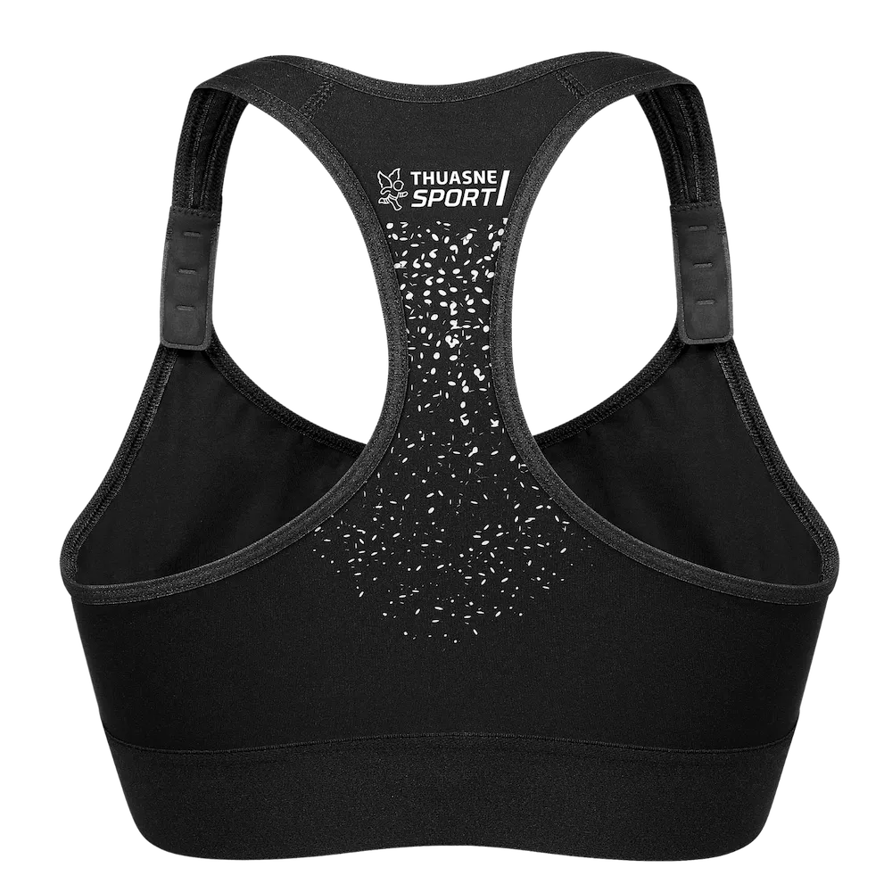 Brassière Feel Bra Thuasne Sport noire vue de dos avec dos nageur, motif blanc et logo Thuasne Sport