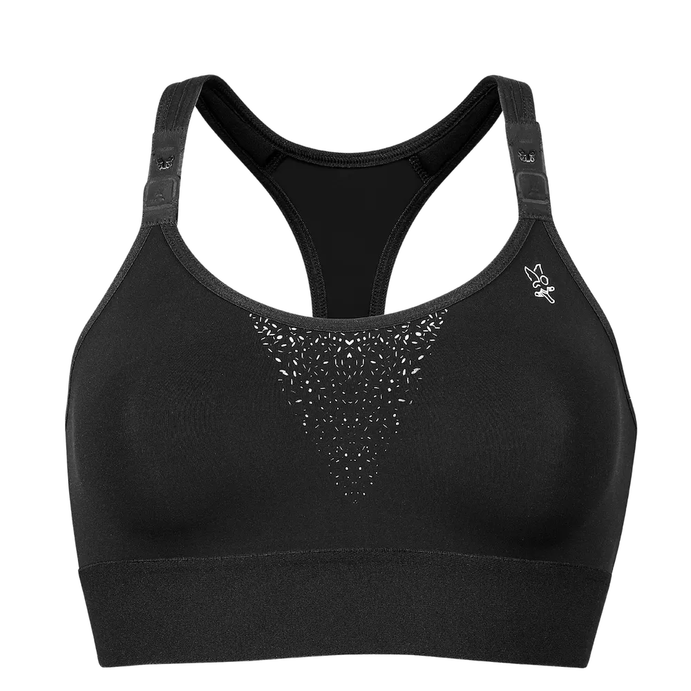 Brassière Feel Bra Thuasne Sport noire vue de face avec motif blanc, bretelles réglables et bande sous poitrine