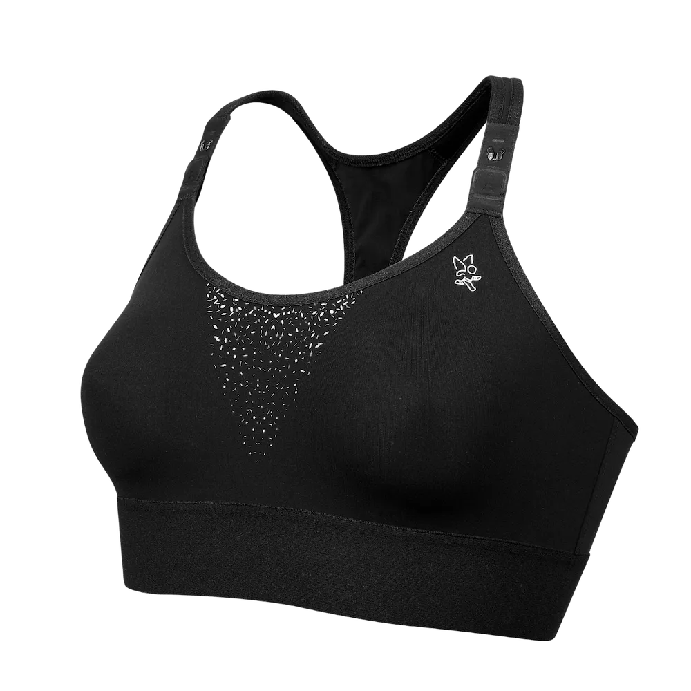 Brassière Feel Bra Thuasne Sport noire vue de trois-quarts avant avec motif blanc et bretelles réglables