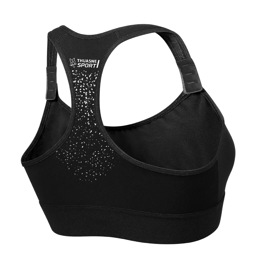 Brassière Feel Bra Thuasne Sport noire vue de trois-quarts dos avec dos nageur et bretelles réglables
