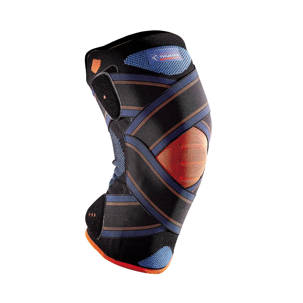 Genouillère stabilisatrice Thuasne Sport Novelastic Stabilité 4 vue de face avec ouverture rotulienne et sangles