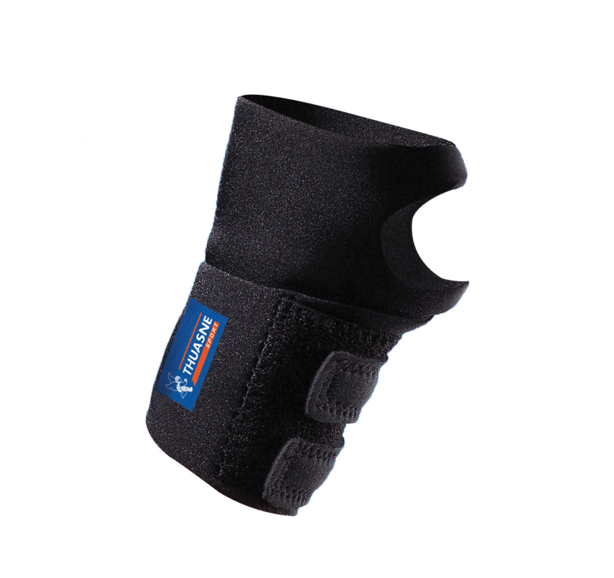 Orthèse poignet Thuasne Sport noire en néoprène présentée seule avec ouverture pour le pouce et attaches