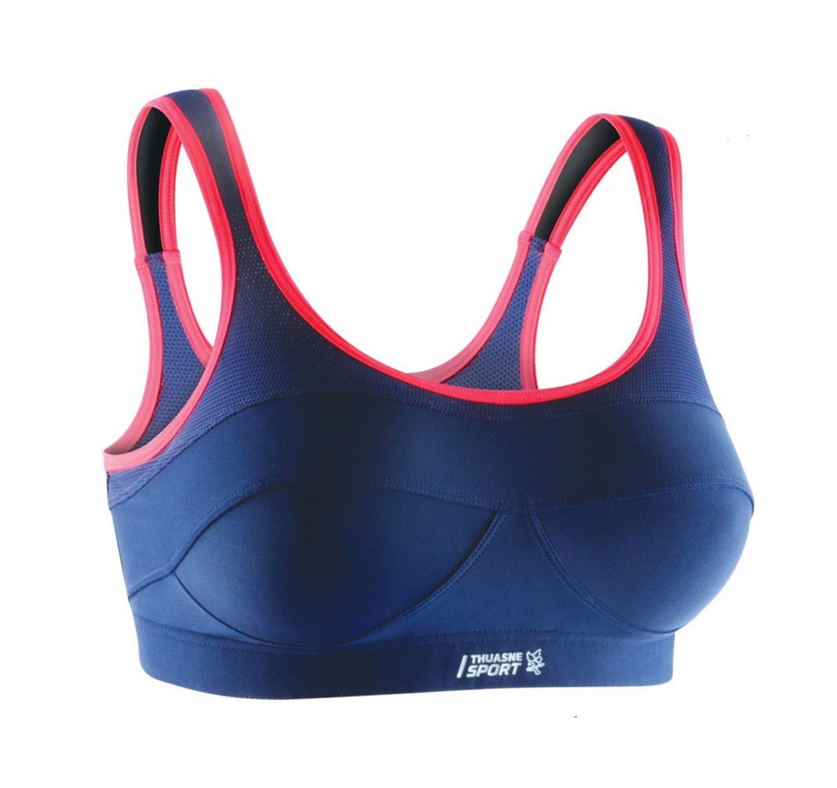 Brassière Top' Strap Fit Thuasne Sport bleu marine et rose vue de face avec bonnets structurés et logo