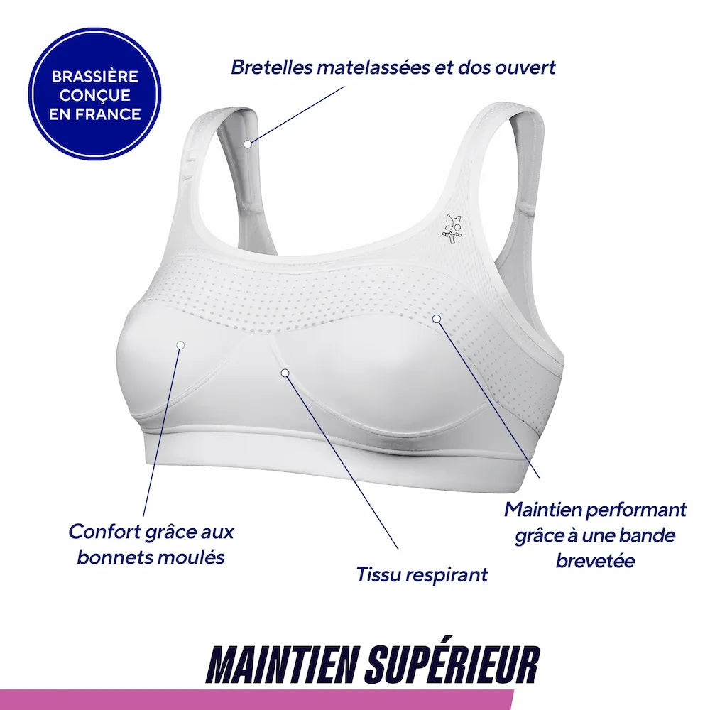 Caractéristiques de la brassière Top' Strap Original Thuasne Sport blanche à maintien supérieur avec bonnets moulés et tissu respirant