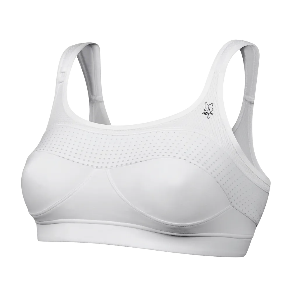 Brassière Top' Strap Original Thuasne Sport blanche vue de trois-quarts avant avec bonnets et tissu perforé