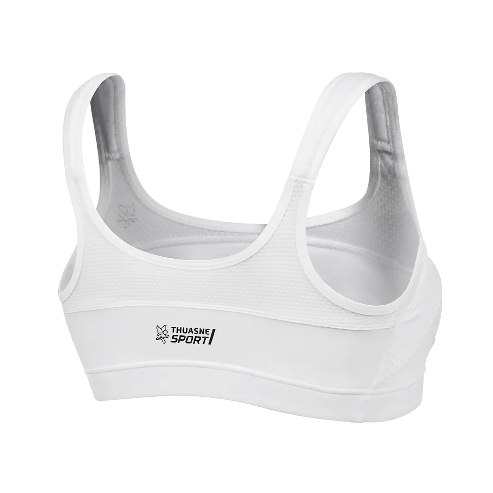 Brassière Top' Strap Original Thuasne Sport blanche vue de trois-quarts dos avec logo Thuasne Sport