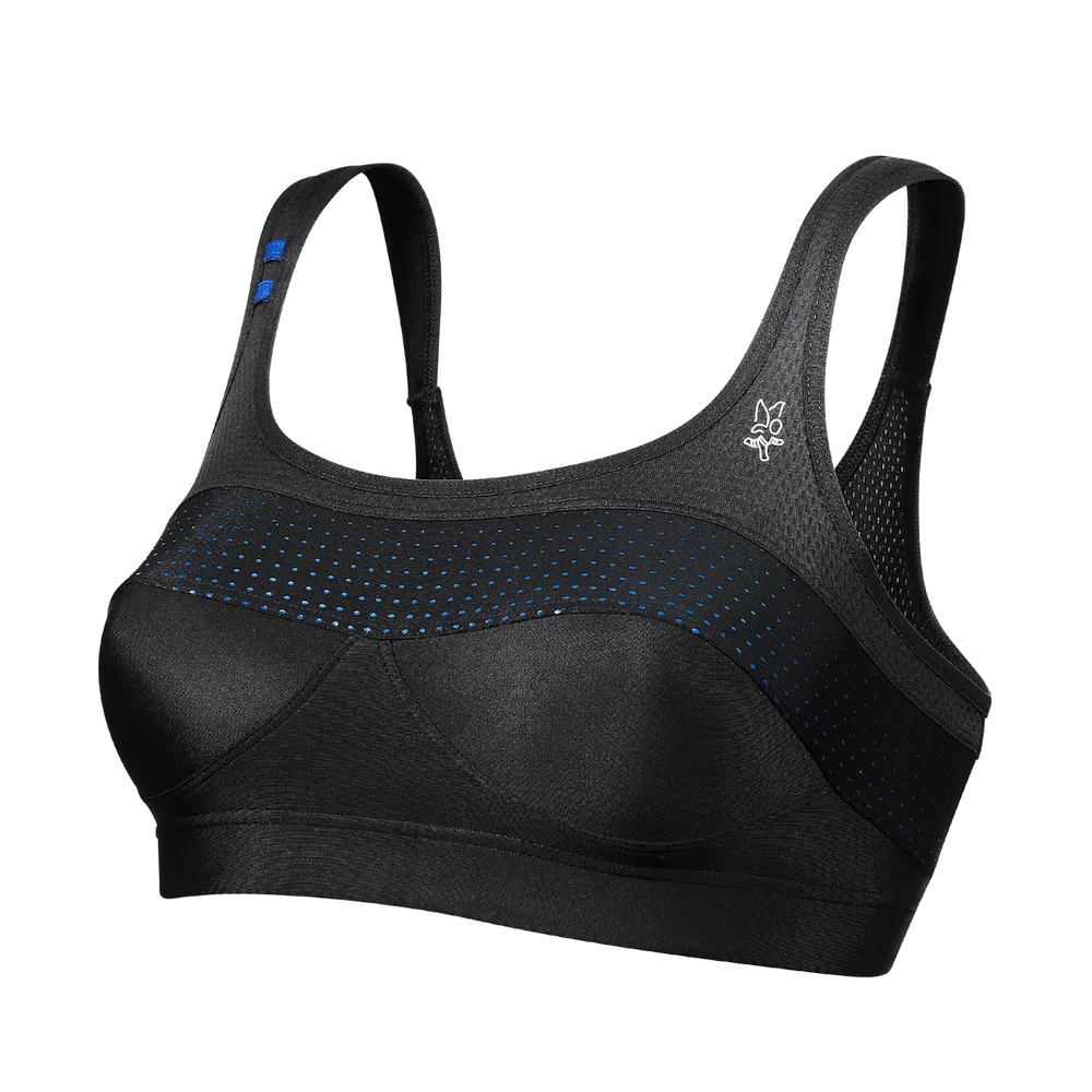 Brassière Top' Strap Original Thuasne Sport noire et bleu nuit vue de trois-quarts avant