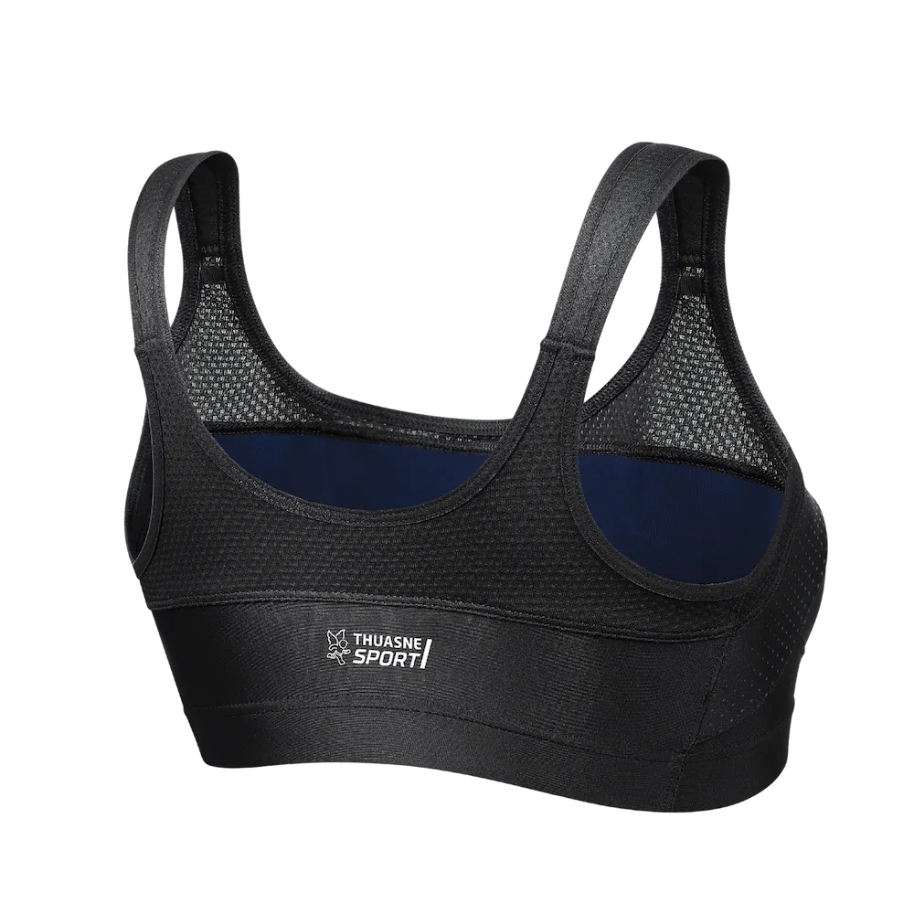 Brassière Top' Strap Original Thuasne Sport noire et bleu nuit vue de trois-quarts dos avec tissu mesh