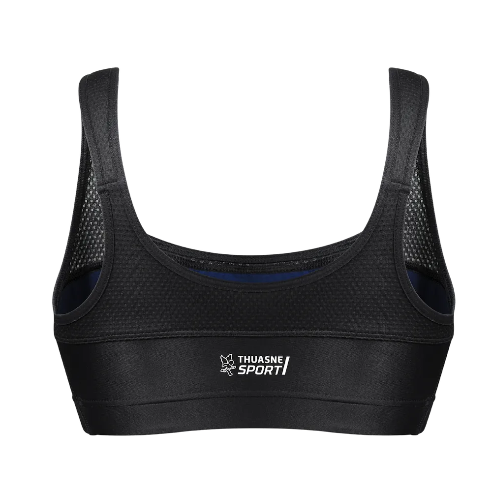Brassière Top' Strap Original Thuasne Sport noire et bleu nuit vue de dos avec logo Thuasne Sport