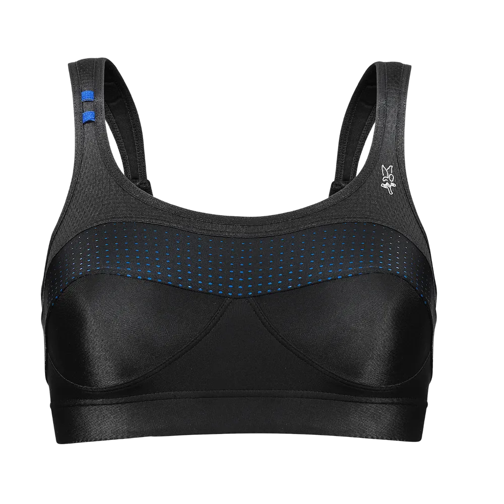 Brassière Top' Strap Original Thuasne Sport noire et bleu nuit vue de face avec bonnets préformés et bande perforée