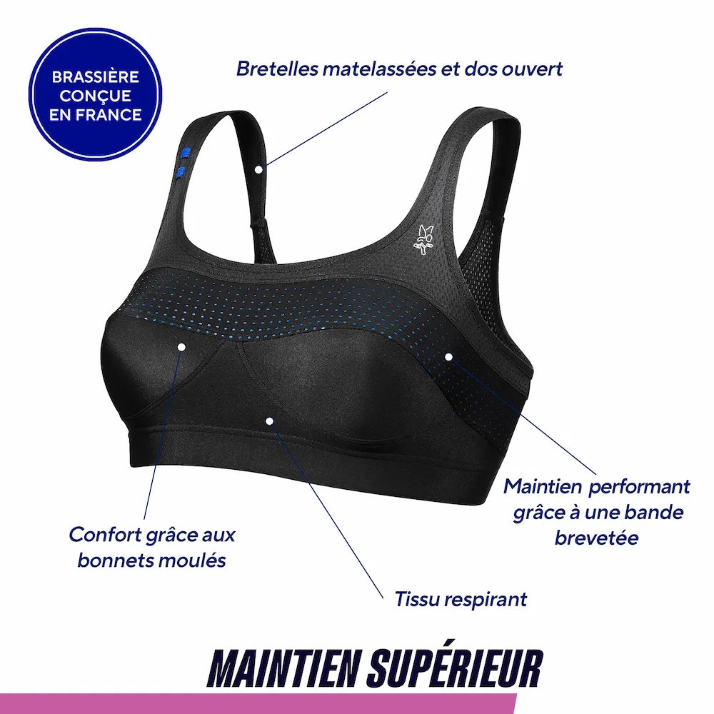 Caractéristiques de la brassière Top' Strap Original Thuasne Sport noire à maintien supérieur avec bande brevetée et tissu respirant