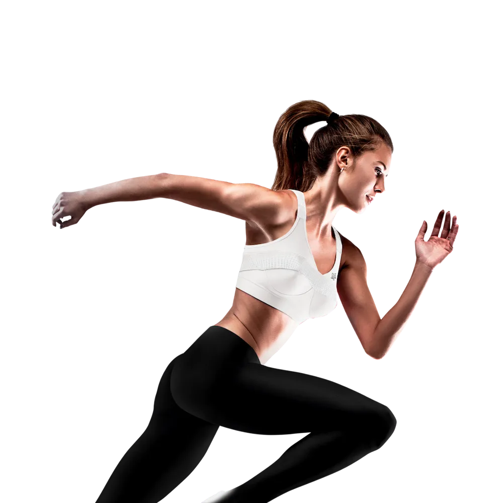 Brassière Top' Strap X-Back Thuasne Sport blanche portée par une femme en position de course