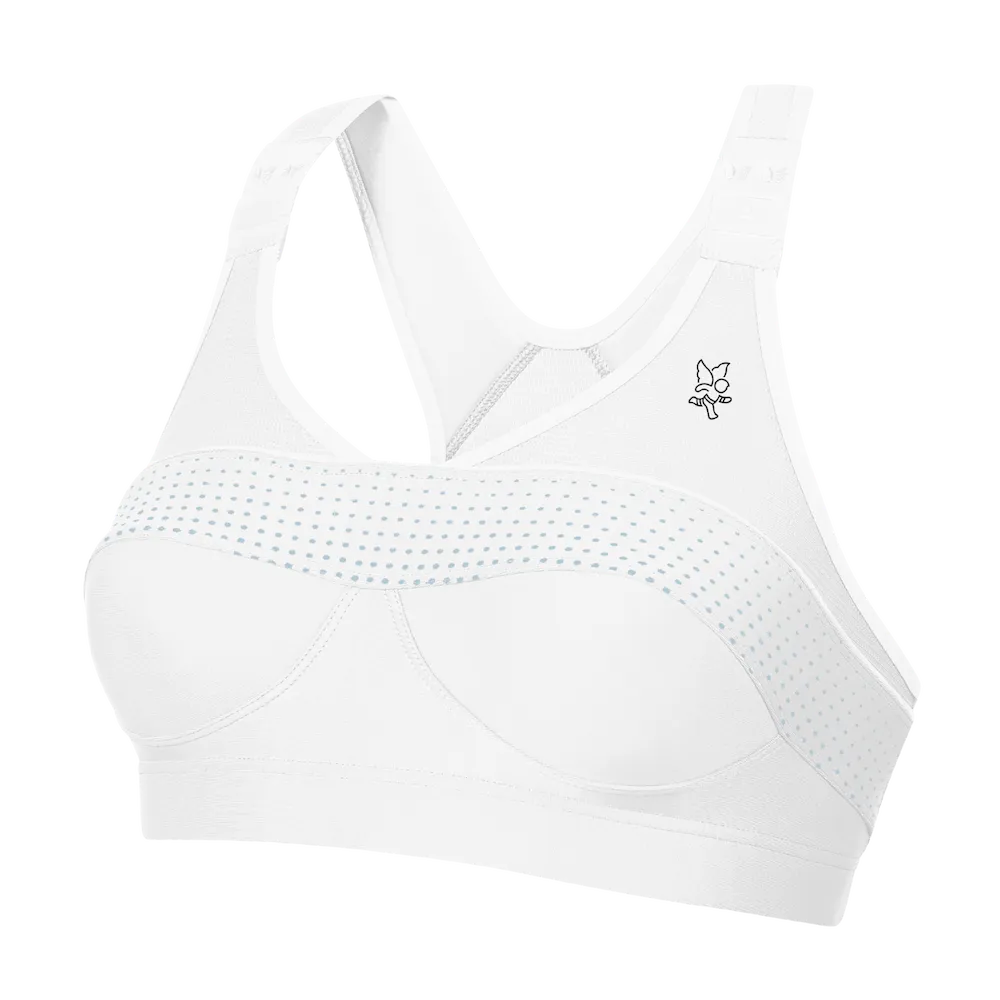 Brassière Top' Strap X-Back Thuasne Sport blanche vue de trois-quarts avant avec bande de maintien perforée