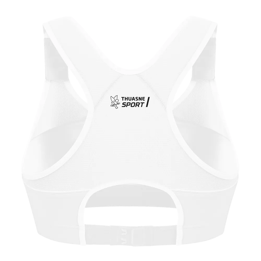 Brassière Top' Strap X-Back Thuasne Sport blanche vue de dos avec dos nageur, logo et fermeture