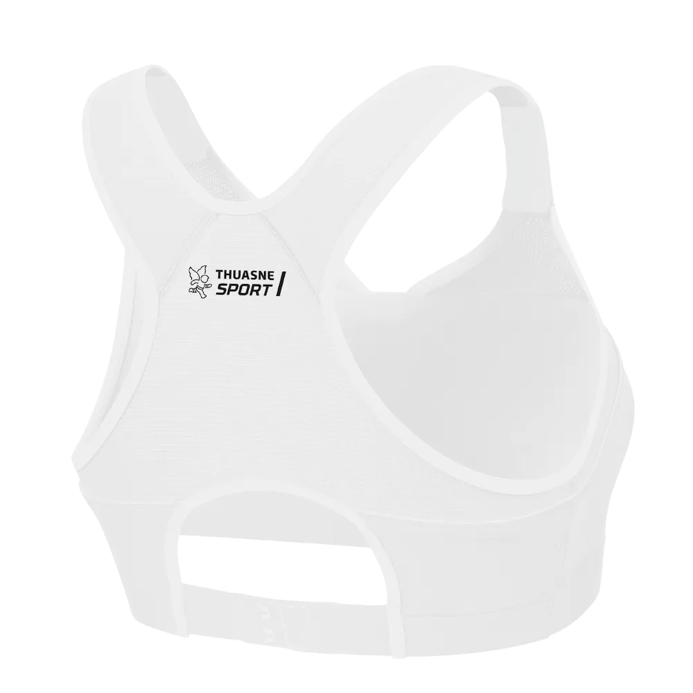 Brassière Top' Strap X-Back Thuasne Sport blanche vue de dos avec dos nageur, logo et fermeture