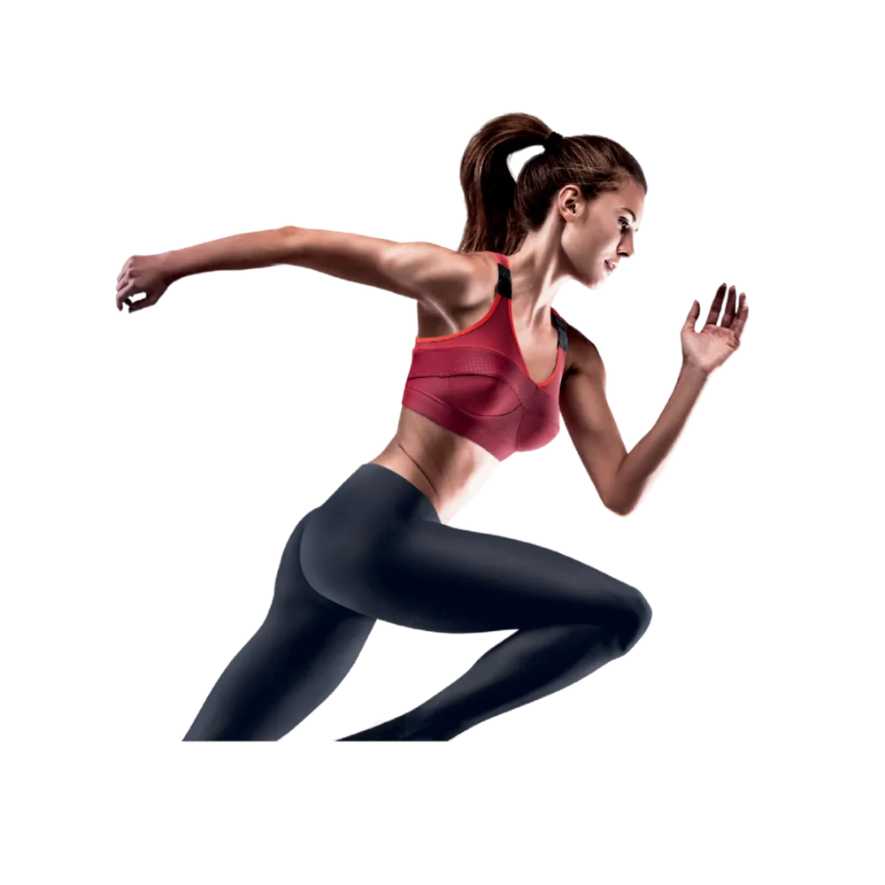 Brassière Top' Strap X-Back Thuasne Sport bordeaux et rouge portée par une femme en position de course