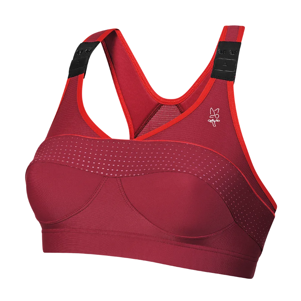 Brassière Top' Strap X-Back Thuasne Sport bordeaux et rouge vue de trois-quarts avant avec bande perforée