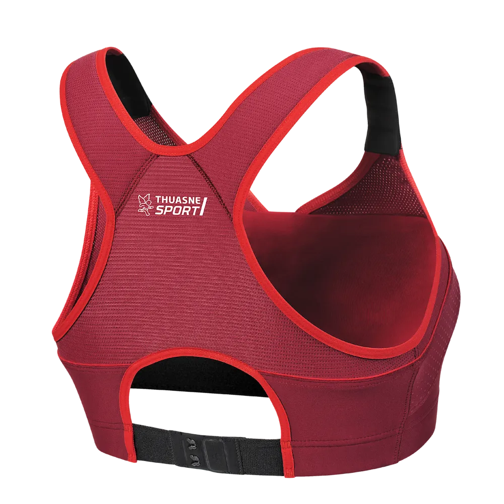 Brassière Top' Strap X-Back Thuasne Sport bordeaux et rouge vue de trois-quarts dos avec logo et fermeture