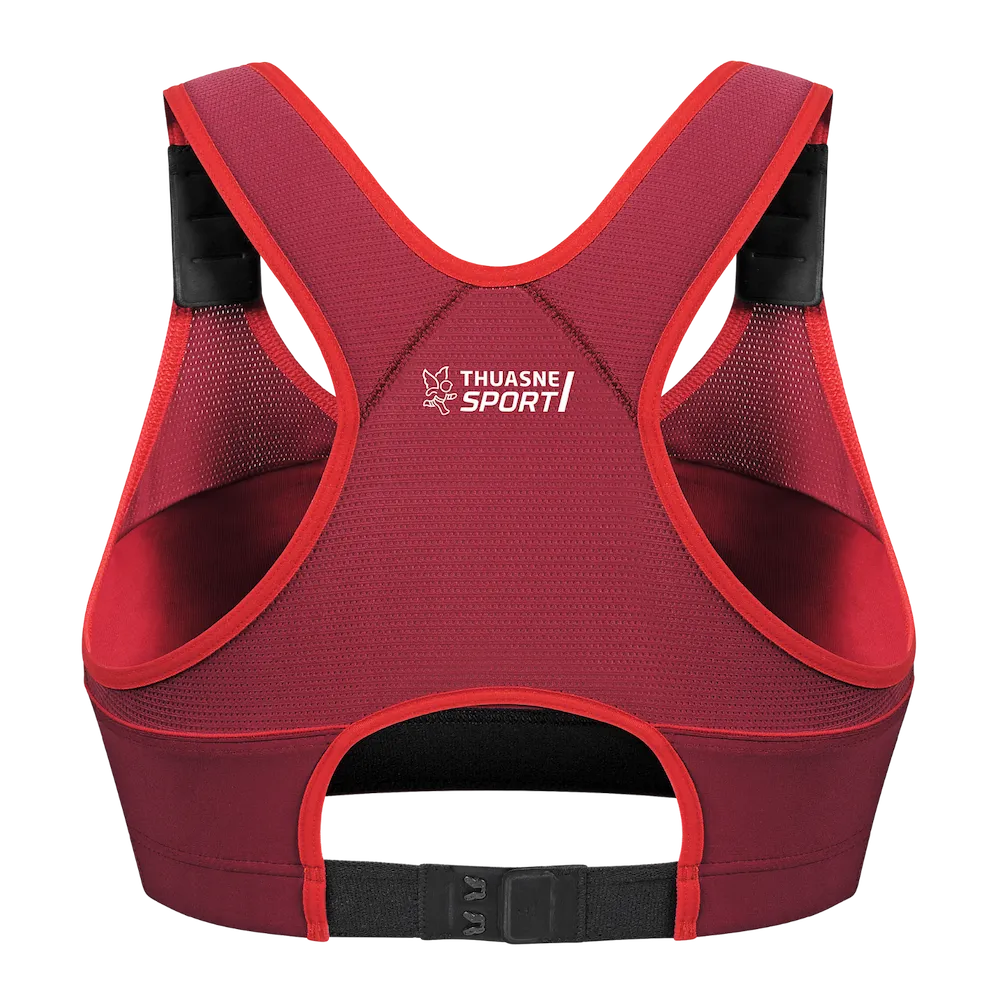 Brassière Top' Strap X-Back Thuasne Sport bordeaux et rouge vue de dos avec dos nageur, logo et fermeture