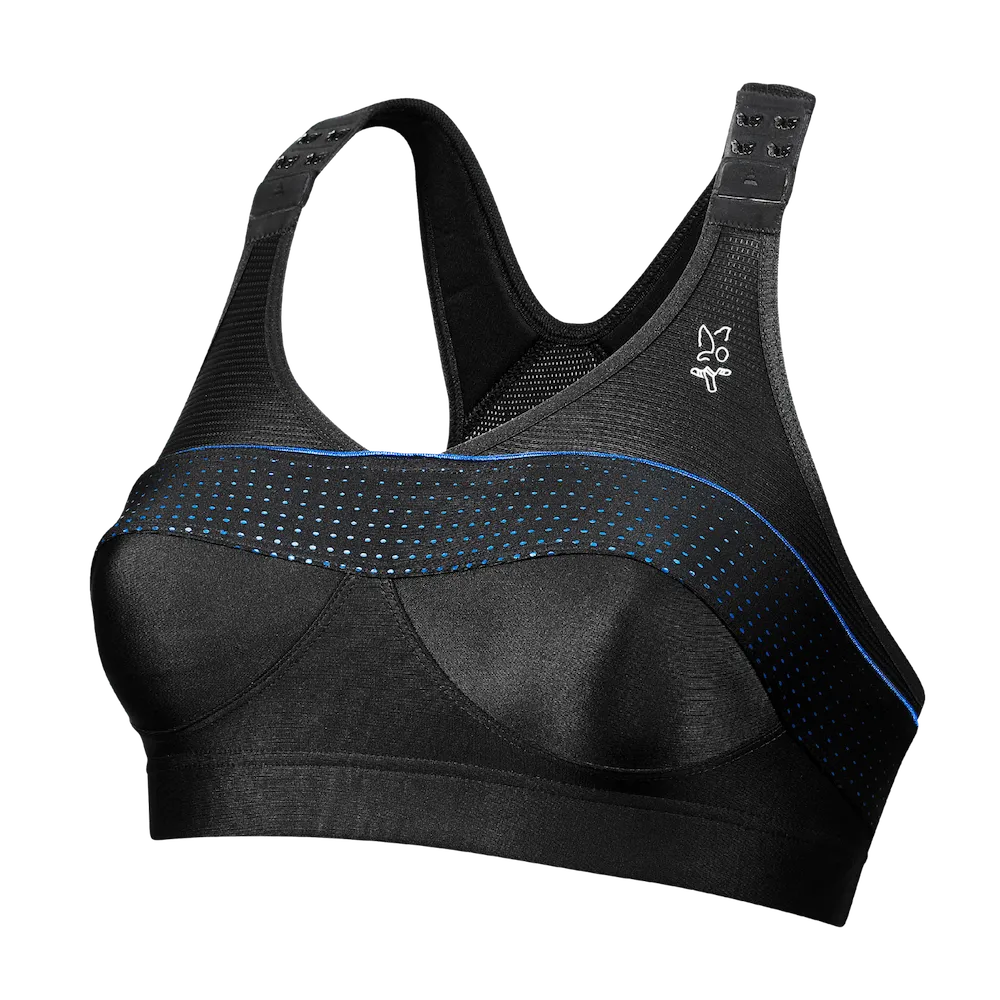 Brassière Top' Strap X-Back Thuasne Sport noire et bleu nuit vue de trois-quarts avant