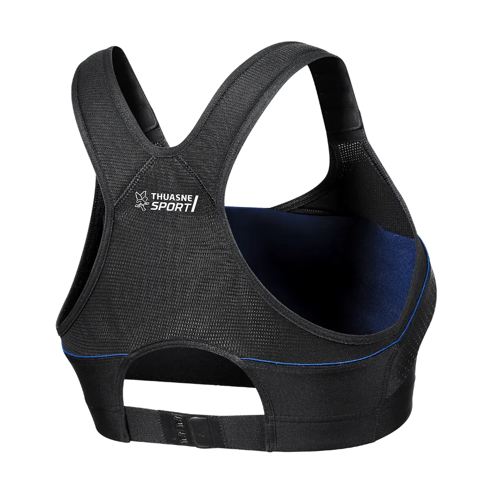 Brassière Top' Strap X-Back Thuasne Sport noire et bleu nuit vue de trois-quarts dos avec fermeture