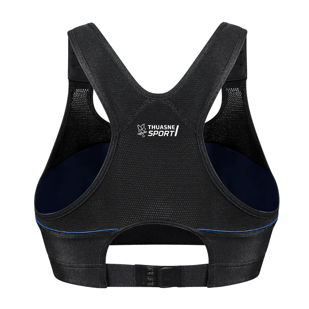 Brassière Top' Strap X-Back Thuasne Sport noire et bleu nuit vue de dos avec dos nageur et fermeture