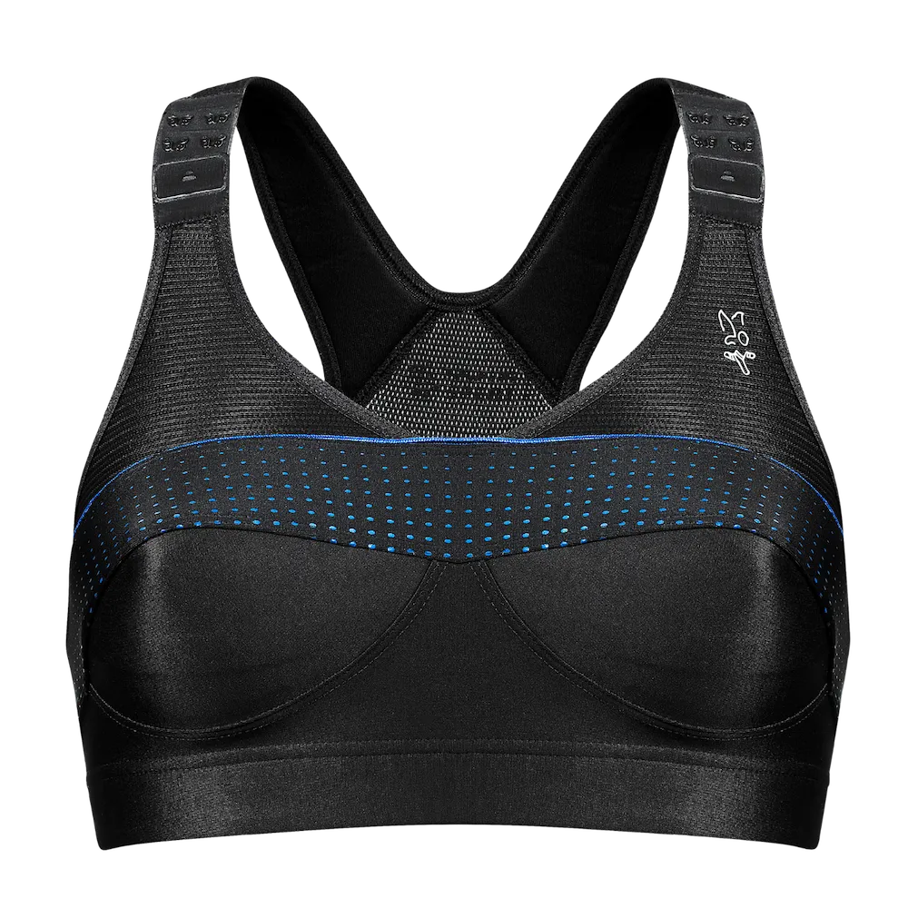 Brassière Top' Strap X-Back Thuasne Sport noire et bleu nuit vue de face avec bonnets et bretelles réglables
