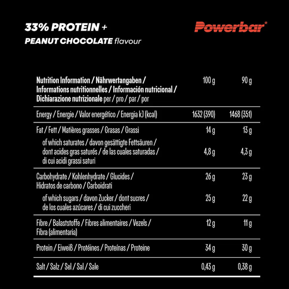 Tableau des valeurs nutritionnelles Powerbar 33% Protein+ Chocolat-cacahuètes pour 100 g et une barre de 90 g