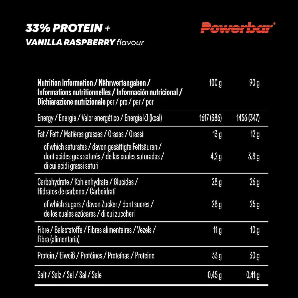 Tableau des valeurs nutritionnelles Powerbar 33% Protein+ Vanille-framboise pour 100 g et une barre de 90 g