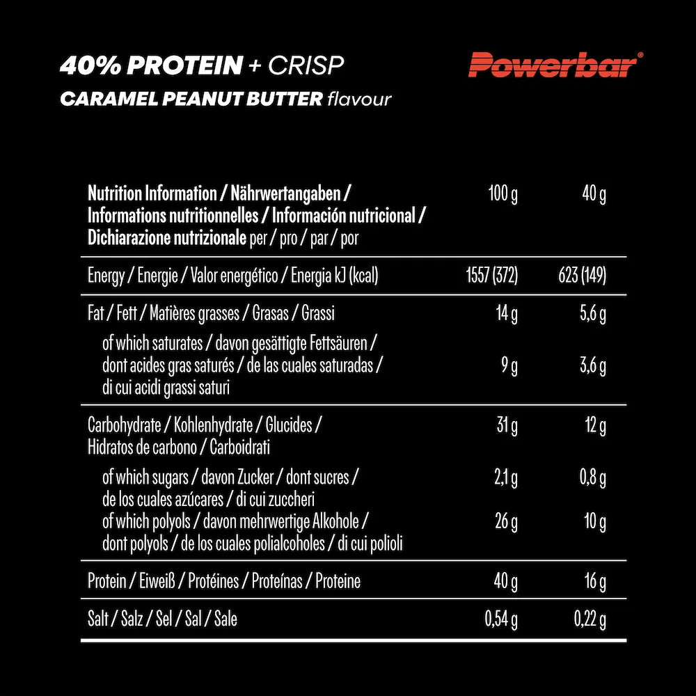 Tableau des valeurs nutritionnelles Powerbar 40% Protein+ Crisp Caramel Peanut Butter pour 100 g et une barre de 40 g