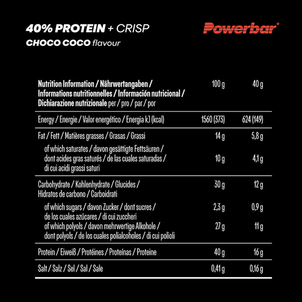 Tableau des valeurs nutritionnelles Powerbar 40% Protein+ Crisp Choco Coco pour 100 g et une barre de 40 g