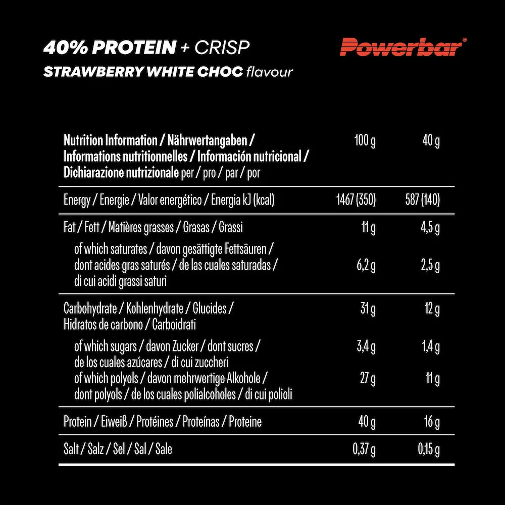 Tableau des valeurs nutritionnelles Powerbar 40% Protein+ Crisp Strawberry White Choc pour 100 g et une barre de 40 g