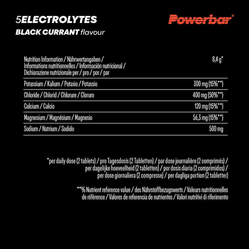 Tableau nutritionnel Powerbar 5 Electrolytes Cassis avec potassium, chlorure, calcium, magnésium et sodium