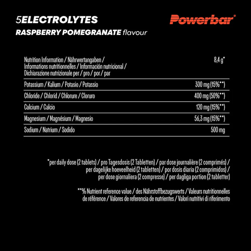 Tableau nutritionnel Powerbar 5 Electrolytes Framboise-Grenade avec potassium, chlorure, calcium, magnésium et sodium